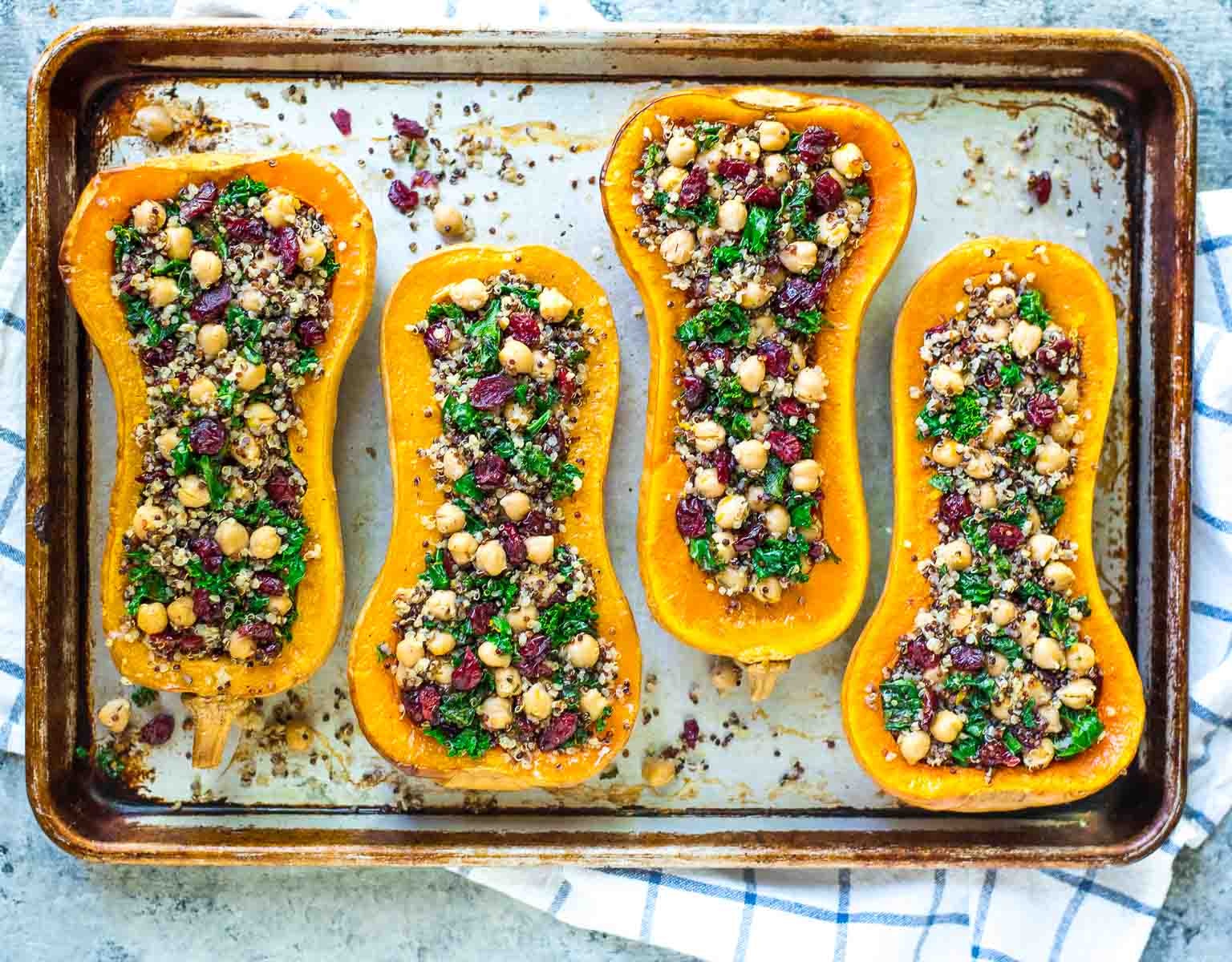 Stuffed Butternut Squash with Quinoa, Cranberries, Kale, and Chickpeas
