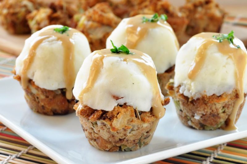 Vegan Stuffing Muffins with Mashed Potatoes and Gravy