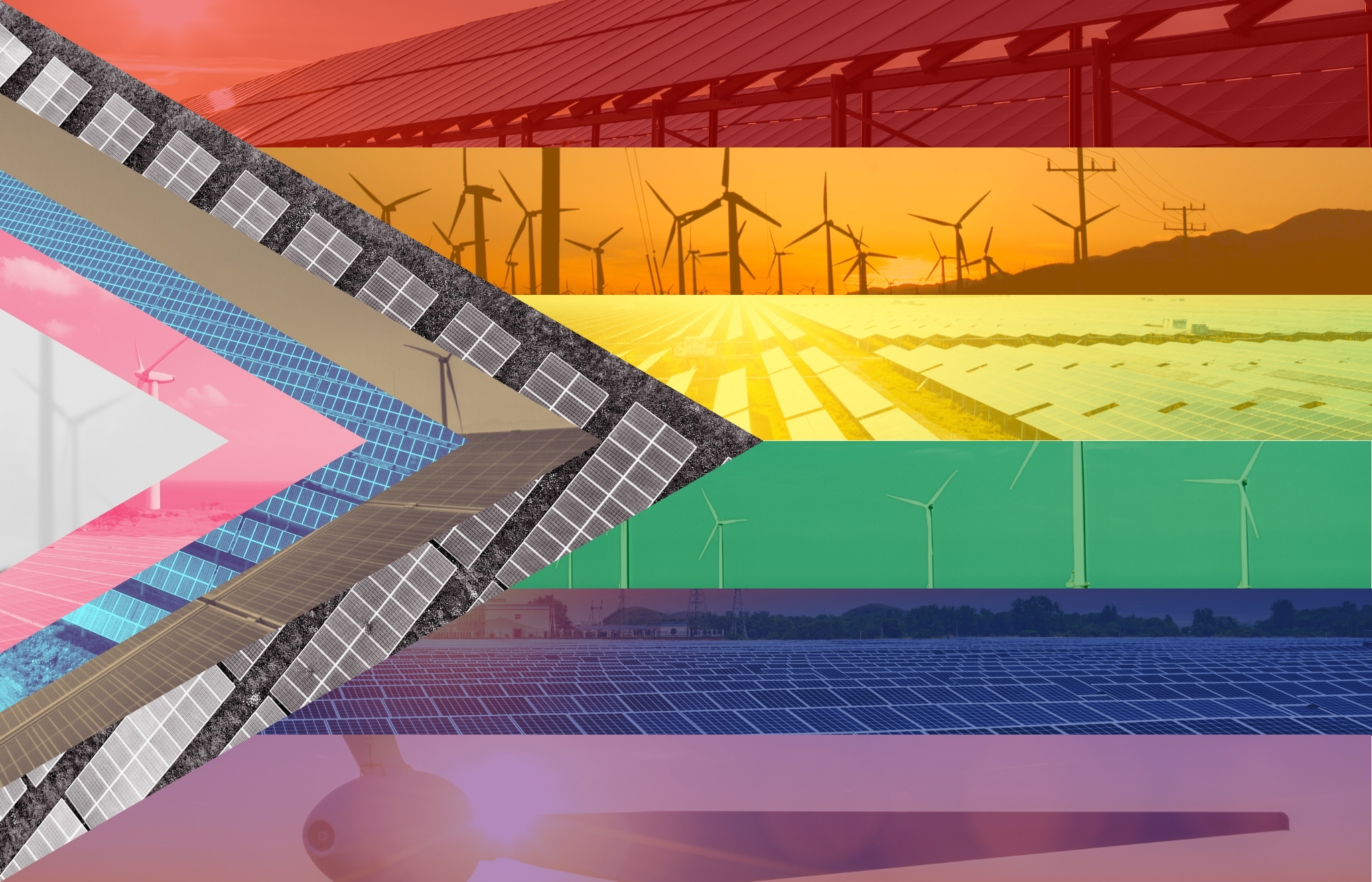 Renewable energy with wind turbines and solar panels in a Pride flag