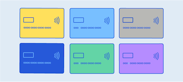 The image shows six colorful credit card icons with tap-to-pay symbols.