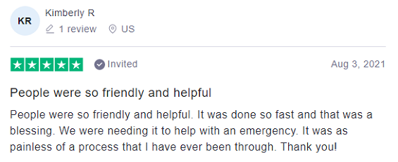 Trustpilot review: OneMain Financial - 5 stars by Kimberly R
