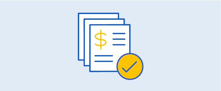 An illustration of documents with a dollar sign and a checkmark symbol, suggesting financial approval or loan documentation.