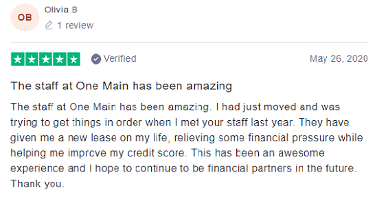 Trustpilot review: OneMain Financial - 5 stars by Olivia B