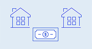 Illustration of a bridge loan concept, showing money connecting two houses.