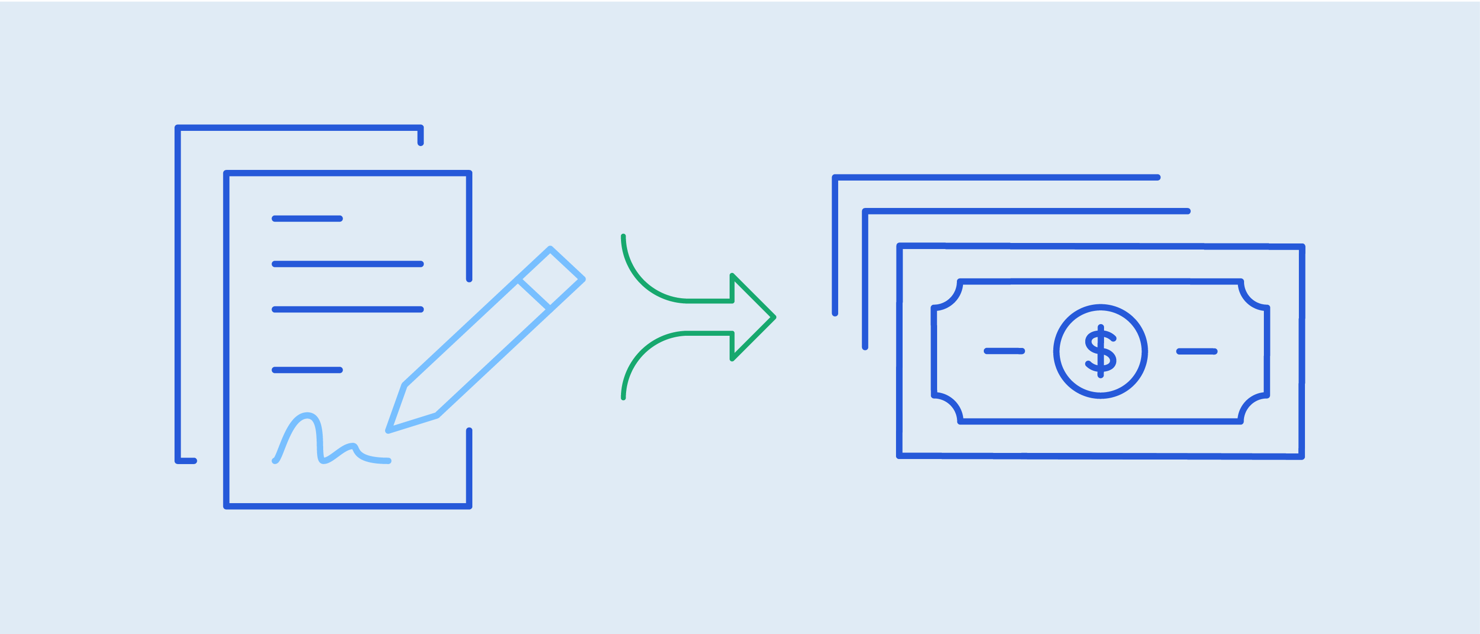 The image shows documents being turned into money, representing a financial transaction or agreement.