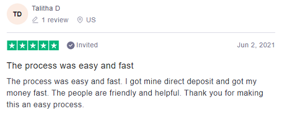 Trustpilot review: OneMain Financial - 5 stars by Talitha D