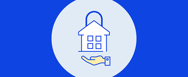 Home security illustration with a locked house and protective hand.
