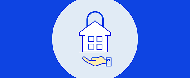 Home security illustration with a locked house and protective hand.