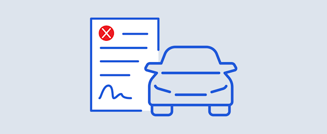The image shows a car and a canceled loan document.