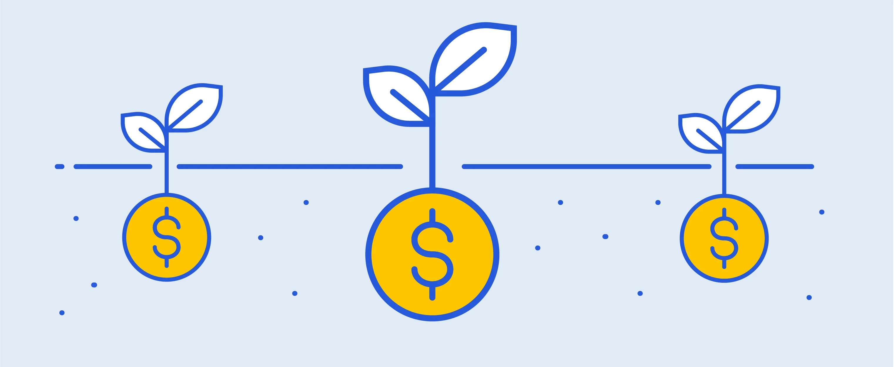 The image shows money growing like plants, symbolizing saving and growing wealth.