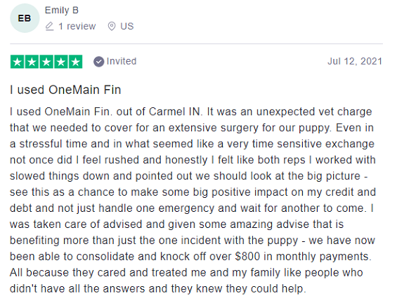Trustpilot review: OneMain Financial - 5 stars by Emily B