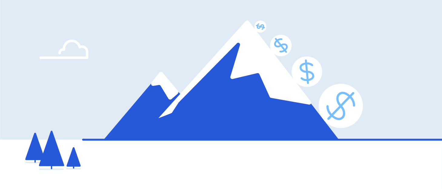 The image shows a mountain with dollar signs, representing financial growth or goals.
