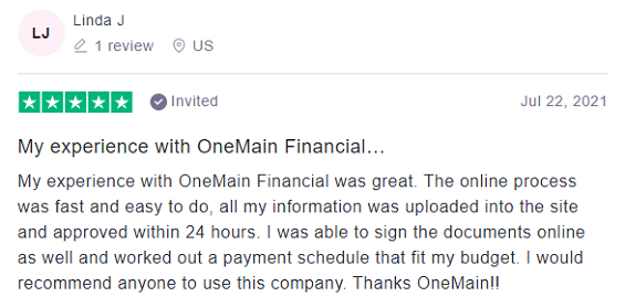 Trustpilot review: OneMain Financial - 5 stars by Linda J
