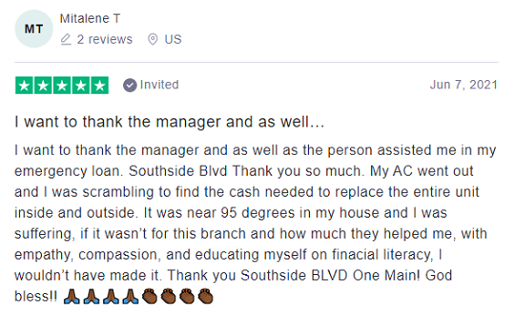Trustpilot review: OneMain Financial - 5 stars by Mitalene T