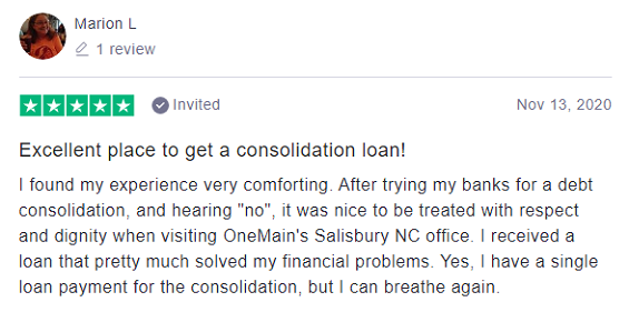 Trustpilot review: OneMain Financial - 5 stars by Marion L