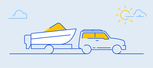 A line-art illustration of an SUV towing a boat.