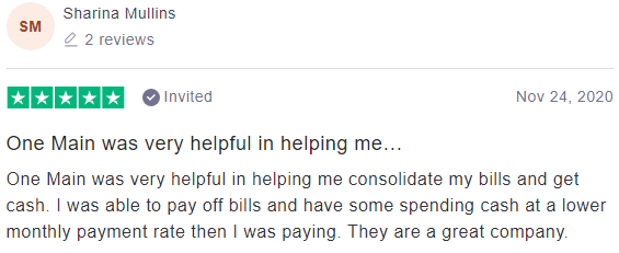 Trustpilot review: OneMain Financial - 5 stars by Sharina Mullins
