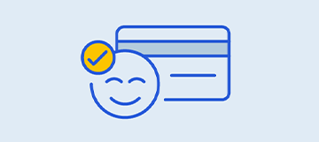 Smiley face with a checkmark and a credit card, showing a successful payment.