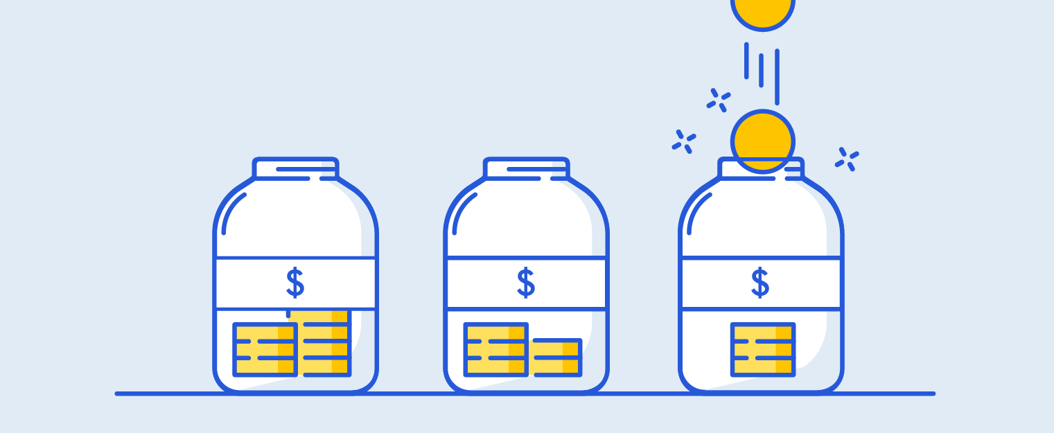 The image illustrates the concept of saving money in jars, representing a financial or budgeting strategy like a sinking fund.