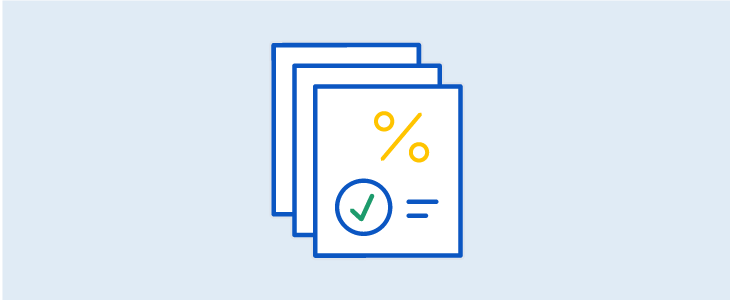 An icon of documents with a percentage symbol and a checkmark, representing financial paperwork.