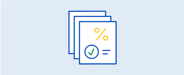 An icon of documents with a percentage symbol and a checkmark, representing financial paperwork.