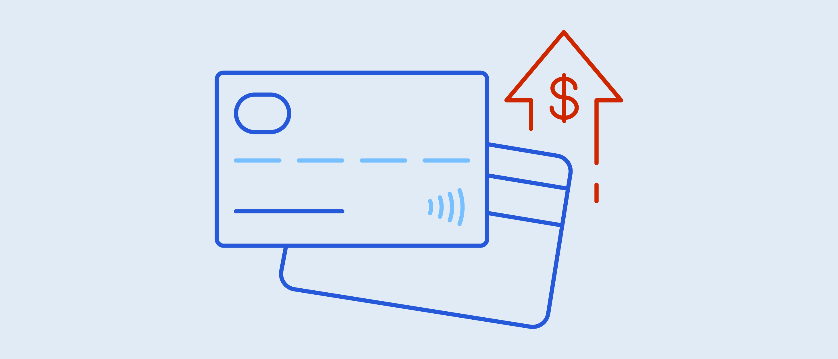 Illustration of credit cards with an upward arrow symbolizing increasing costs or expenses.