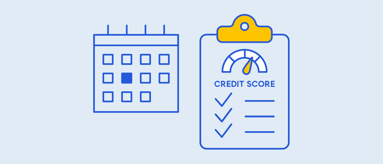 The image shows a calendar and a clipboard with a credit score gauge, highlighting timely payments' impact on credit scores.