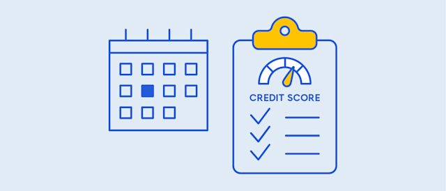 The image shows a calendar and a clipboard with a credit score gauge, highlighting timely payments' impact on credit scores.