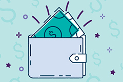Line drawing of wallet with dollar bills protruding from top