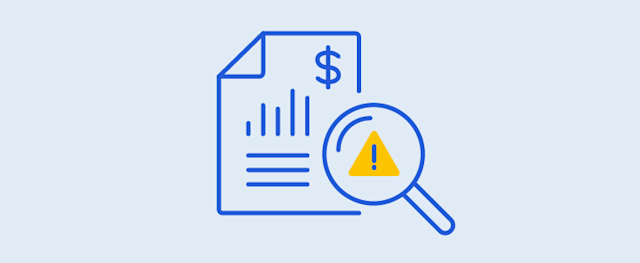 An icon showing financial analysis with a warning symbol highlighting potential risks.