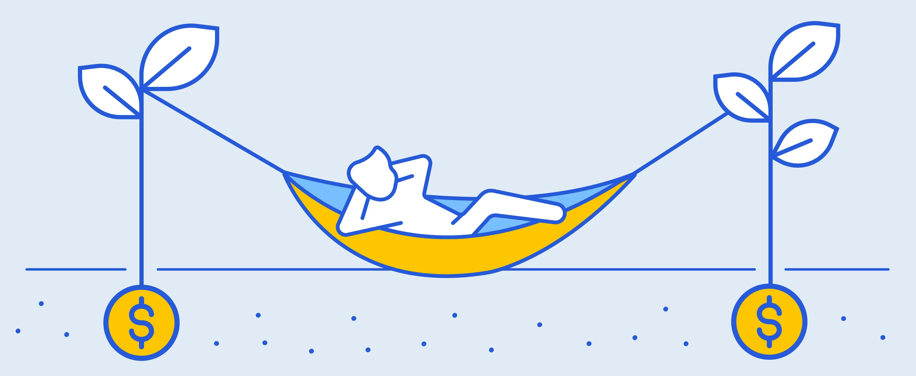 A person relaxing in a hammock held up by money-growing plants, showing passive income.