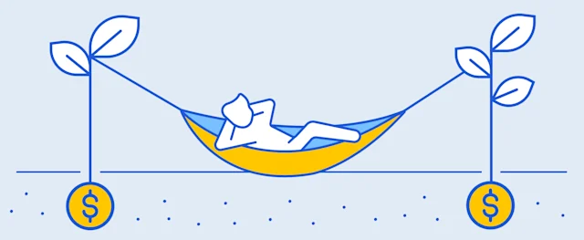 A person relaxing in a hammock held up by money-growing plants, showing passive income.