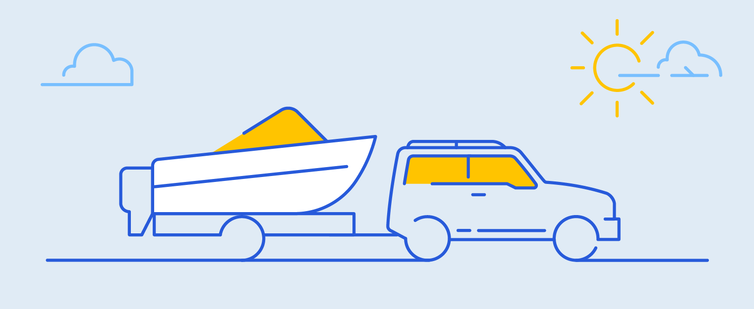 A line-art illustration of an SUV towing a boat.