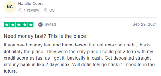 Trustpilot review: OneMain Financial - 5 stars by Natalie C