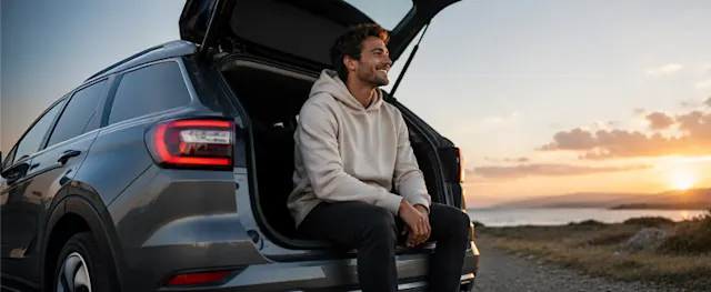A man sitting in a car near the sea at sunset.