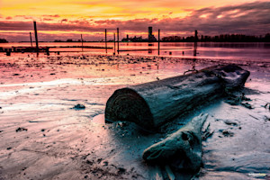 Golden hour hues paint the sky as a lone log rests on the river's edge