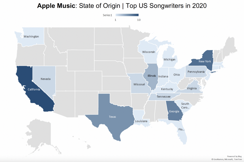 countries of origin state of origin top US songwriters 2020 Apple Music
