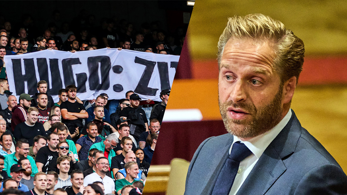 Feyenoordsupporters tonen spandoek en zingen aanwezige Hugo de Jonge toe Vandaag Inside Feyenoordsupporters tonen spandoek en zingen aanwezige Hugo de Jonge toe Vandaag Inside