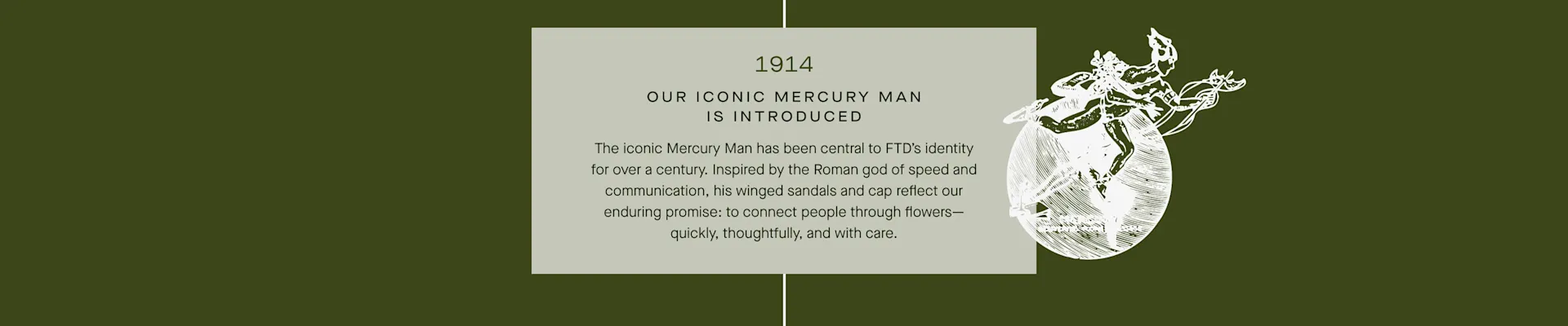 FTD Timeline - 1914: FTD introduces the iconic Mercury Man logo, inspired by the Roman god of speed and communication.