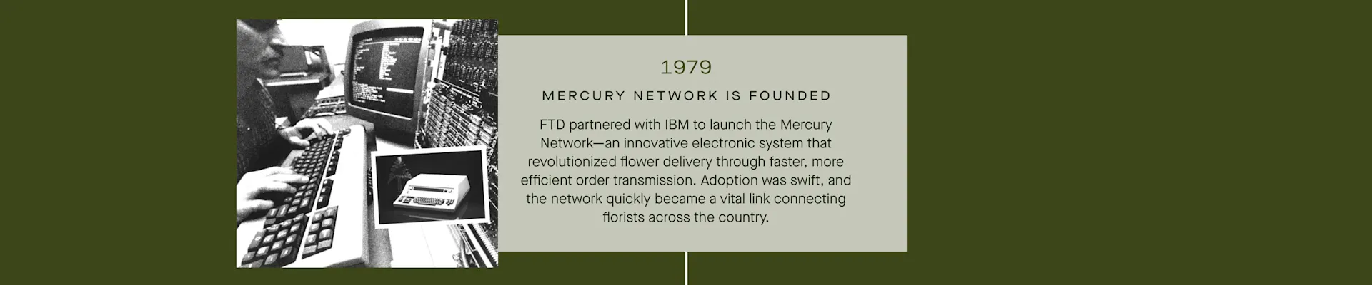 FTD Timeline - 1979: Mercury Network, an innovative electronic system connecting florists across the country, is founded.