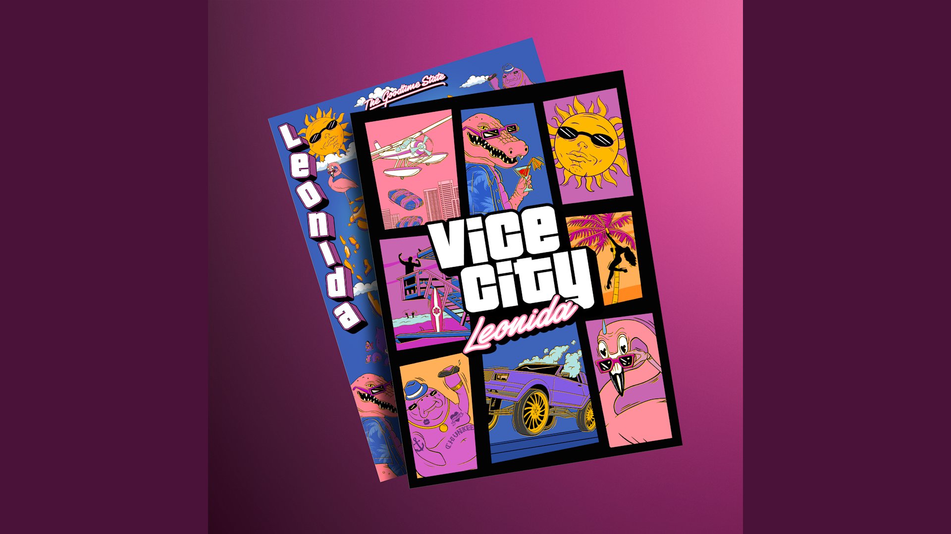 Double-sided Vice City Leonida poster with comic-panel artwork of Macca the Gator, a sun in sunglasses, a lowrider and a manatee, with the blue Leonida side behind it