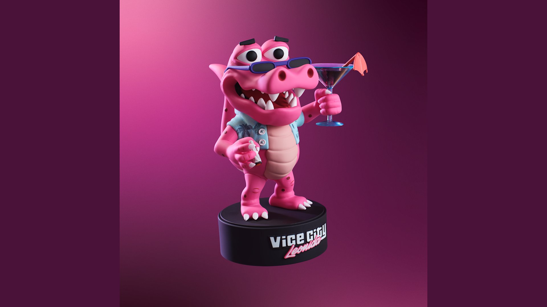 Pink Macca the Gator vinyl figure in sunglasses and a Hawaiian shirt, holding a cigarette and a martini, on a black Vice City Leonida base