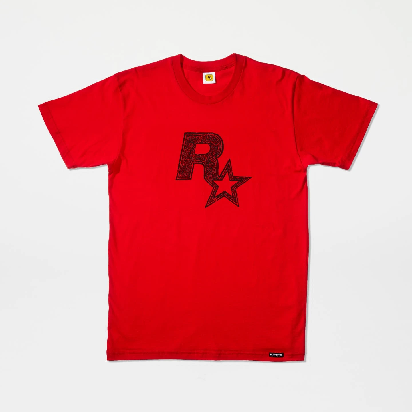 Black on Red Linocut Rockstar Games Logo Tee