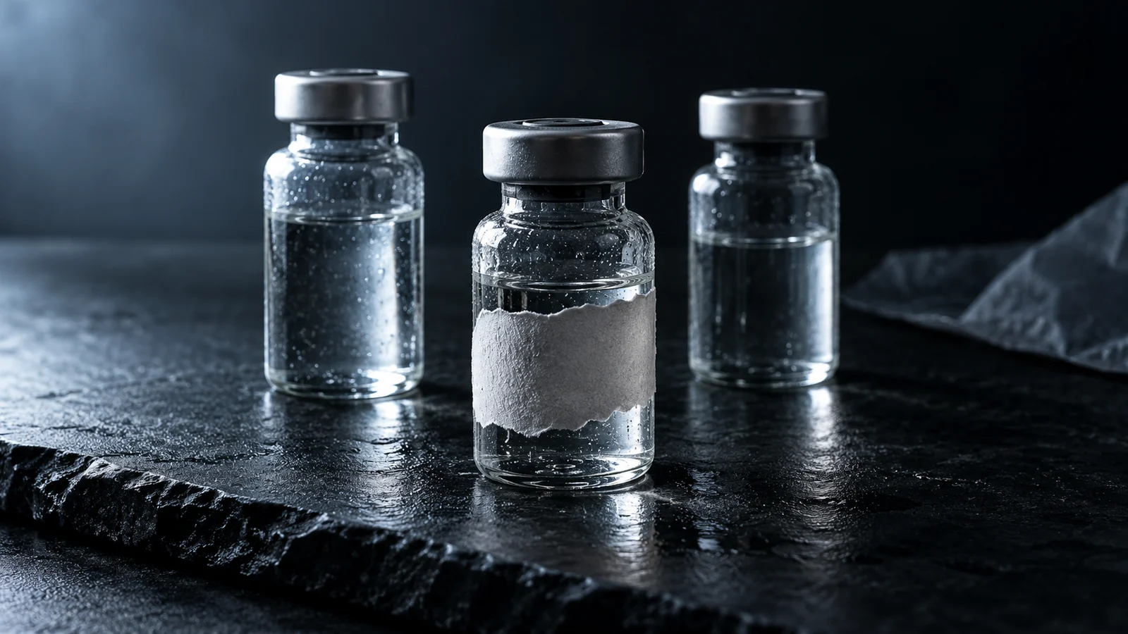 Three unmarked glass vials on dark slate, with a torn blank label on the front vial, an illustrative image of unregistered peptide products