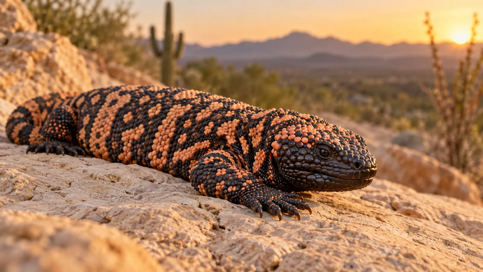 Gila monster with black and orange beaded skin resting on pale sandstone in warm desert light