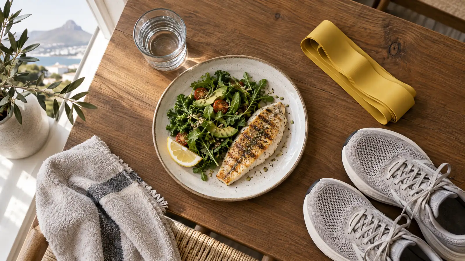 Grilled fish and greens, water, a gold resistance band and running shoes on a sunlit wooden table