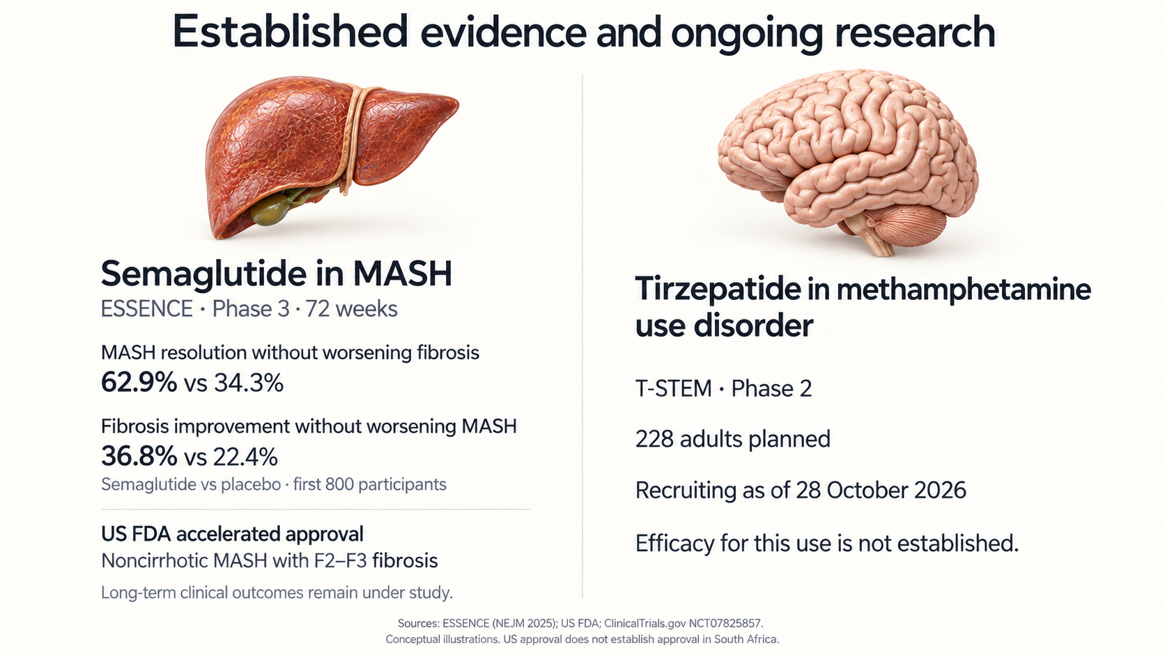 Evidence comparison: ESSENCE semaglutide MASH biopsy outcomes and US accelerated approval versus investigational tirzepatide for methamphetamine use disorder. T-STEM Phase 2 has 228 adults planned and is recruiting as of 28 October 2026; efficacy for that use is not established. US approval does not establish South African approval.