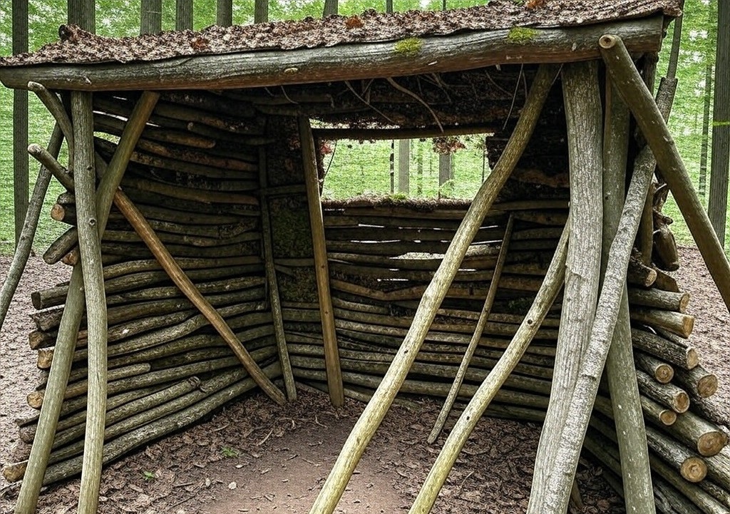 construire un abri naturel en cas d-urgence, la cabane croisé