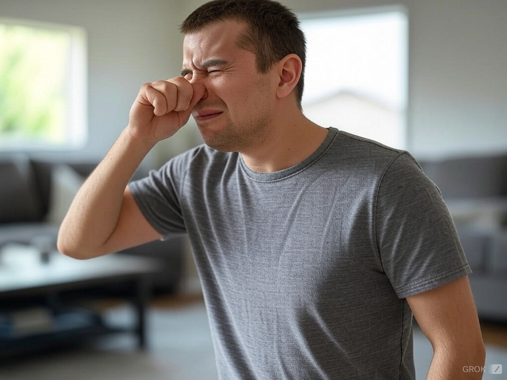 Personne qui se bouche le nez à cause de l'odeur désagréable de vomi