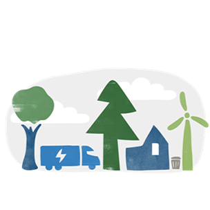 Ilustración que muestra un árbol, un camión, una casa y un molino de viento, que representan la huella medioambiental.